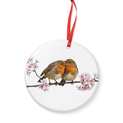 Rotkehlchen auf einem Ast mit Kirschblüten Premium Keramik-Ornament