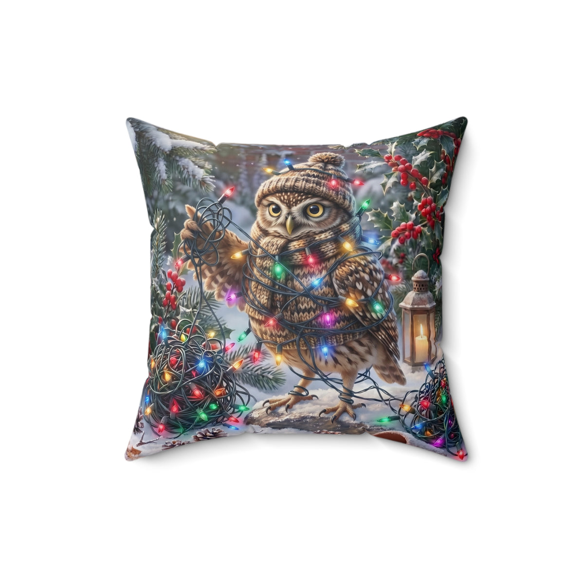A square decorative throw pillow featuring a festive winter scene with a brown owl wearing a knit hat, surrounded by colorful Christmas lights, snow, pine branches, and a lantern, shown on a plain white background.