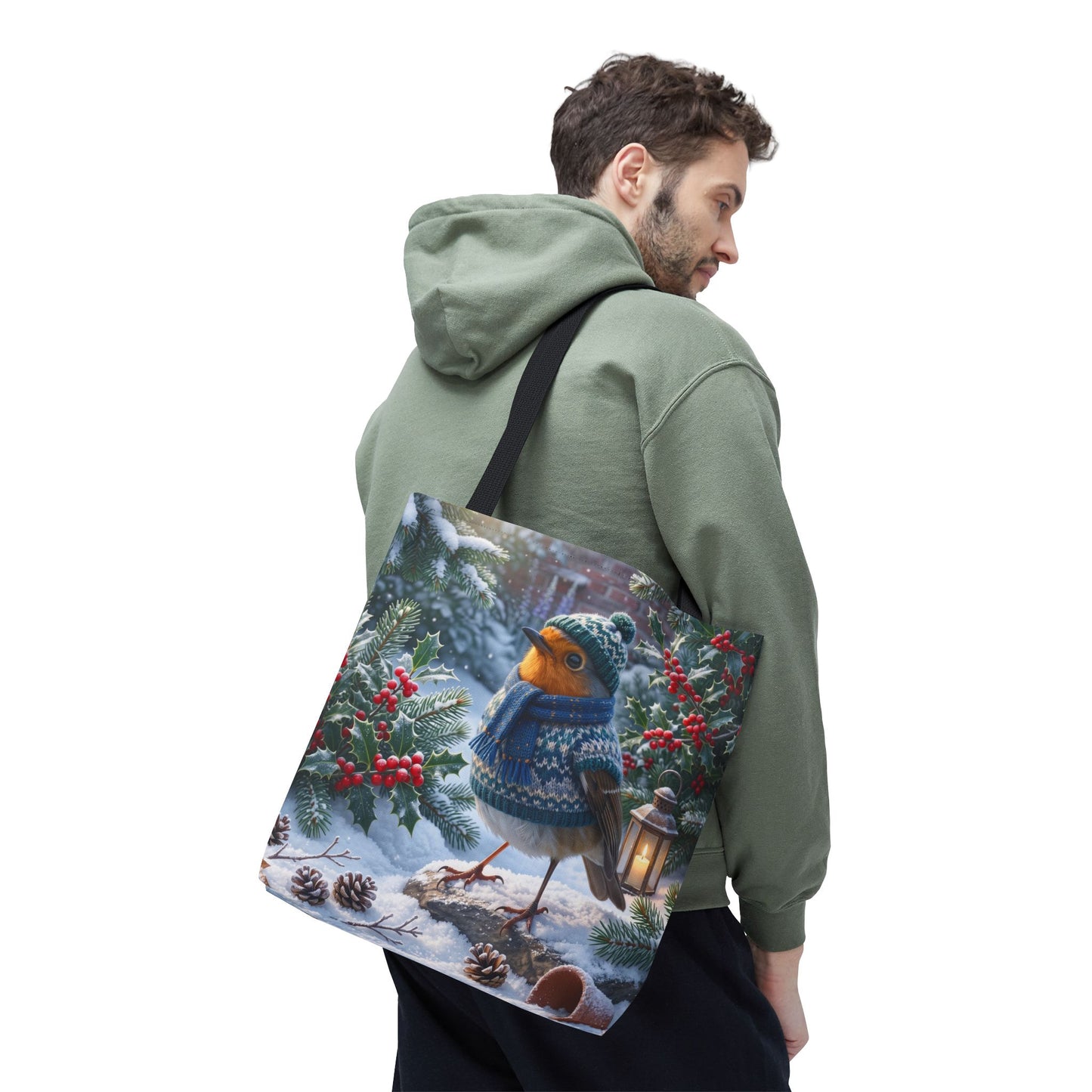 Premium Tragetasche Rosi Rotkehlchen im kuscheligen Winter-Outfit (40 x 40 cm)