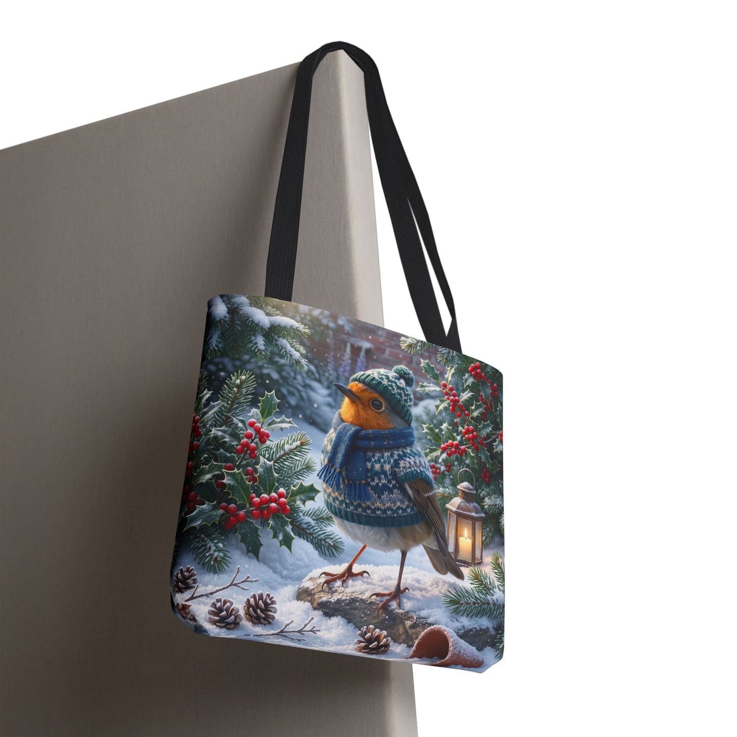 Premium Tragetasche Rosi Rotkehlchen im kuscheligen Winter-Outfit (40 x 40 cm)