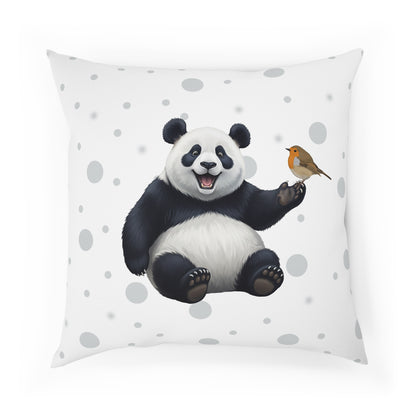 Rotkehlchen mit Panda Vogel Tiermotiv Kissen – Dekokissen mit Vogelmotiv Weiß mit grauen Punkten