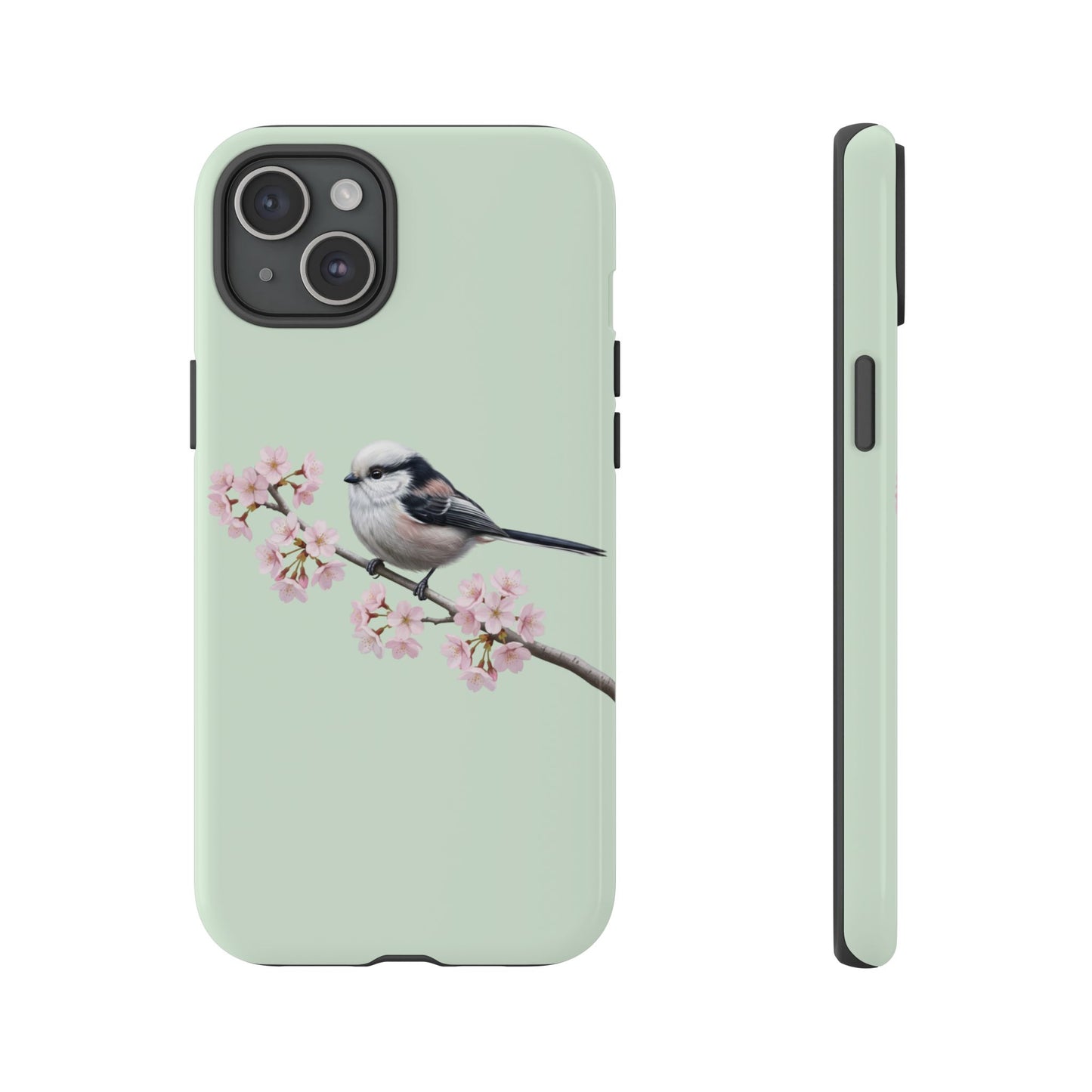 Schwanzmeise Handyhülle in Salbeigrün | Florales Kirschblüten Vogel-Motiv für iPhone & Google Pixel