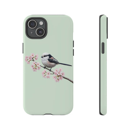 Schwanzmeise Handyhülle in Salbeigrün | Florales Kirschblüten Vogel-Motiv für iPhone & Google Pixel