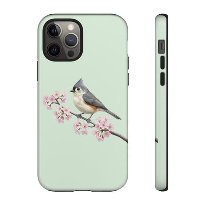 Meise Handyhülle – Grauhäubchenmeise in Salbeigrün | Florales Kirschblüten Vogel-Motiv für iPhone & Google Pixel