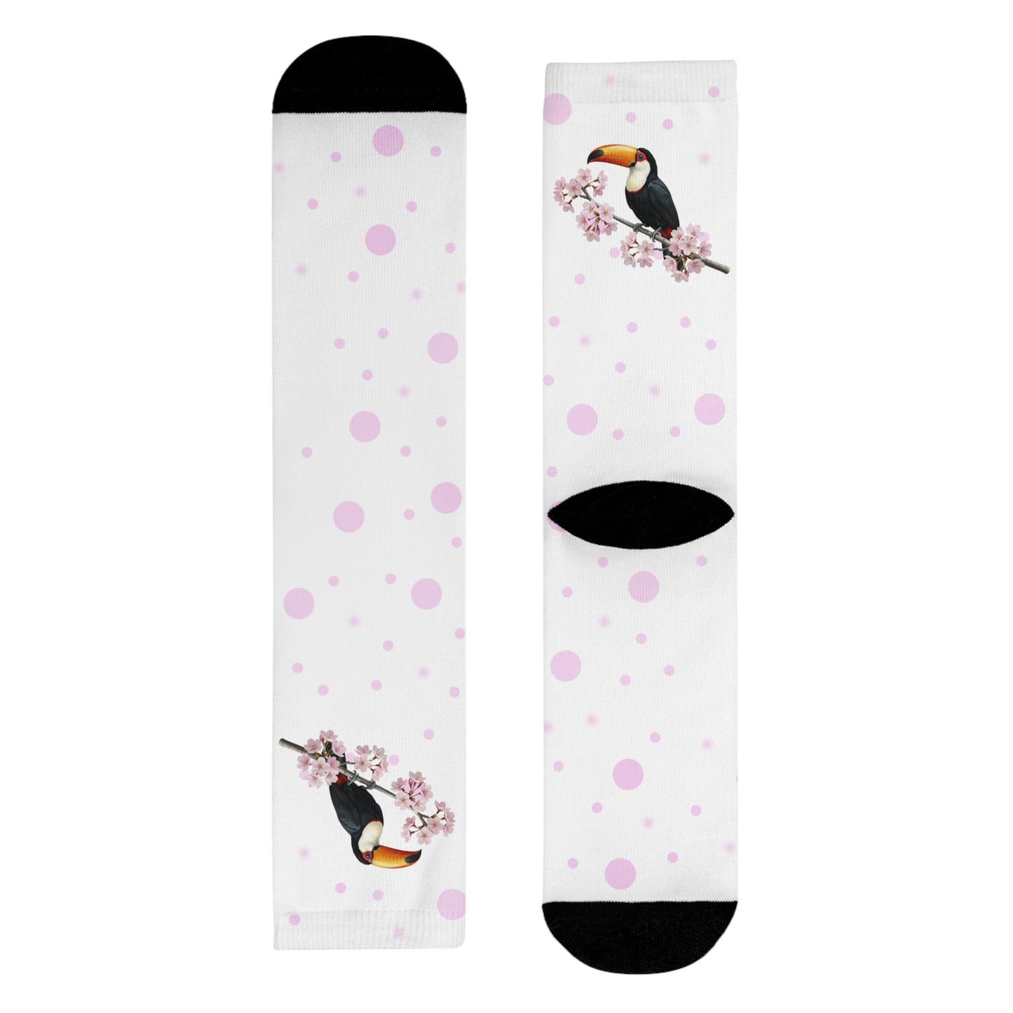 Tukan Socken mit – Kirschblüten | Weiß Rosa gepunktete Vogelmotiv Strümpfe