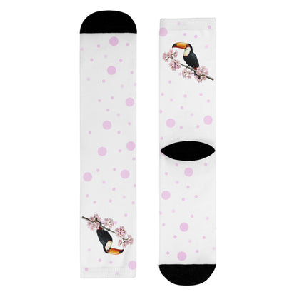 Tukan Socken mit – Kirschblüten | Weiß Rosa gepunktete Vogelmotiv Strümpfe