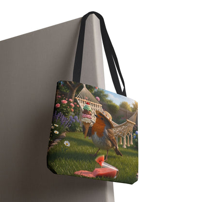 Premium Tragetasche Rosi Rotkehlchen und das Riesen-Eis im Garten (40 x 40 cm)