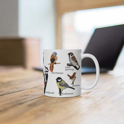 Gartenvögel Amsel Rotkehlchen Blaumeise Zaunkönig Gimpel Vogel Tasse