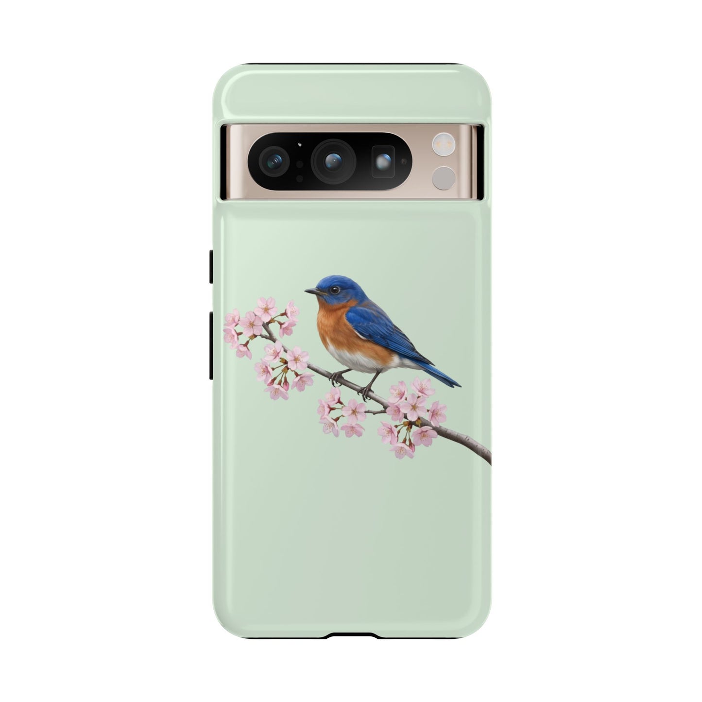 Rotkehl-Hüttensänger Handyhülle in Salbeigrün | Florales Kirschblüten Vogel-Motiv für iPhone & Google Pixel