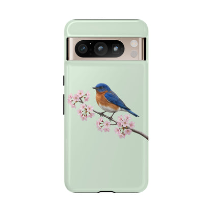 Rotkehl-Hüttensänger Handyhülle in Salbeigrün | Florales Kirschblüten Vogel-Motiv für iPhone & Google Pixel