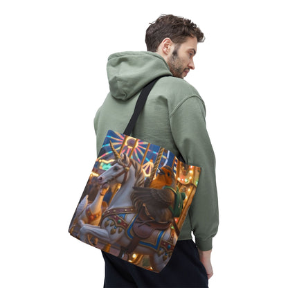 Premium Tragetasche Rosi Rotkehlchen auf dem Einhorn-Karussell (40 x 40 cm)
