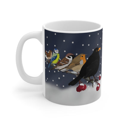 Amsel Rotkehlchen Blaumeise auf einem Ast im Winter Weihnachten Schnee Vogel Tasse