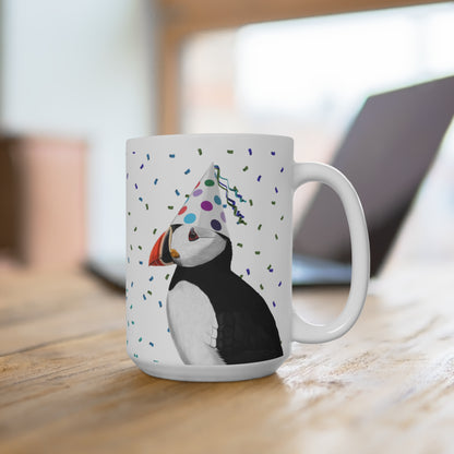 Papageitaucher feiert Geburtstag mit Partyhut und Konfetti Vogel Tasse