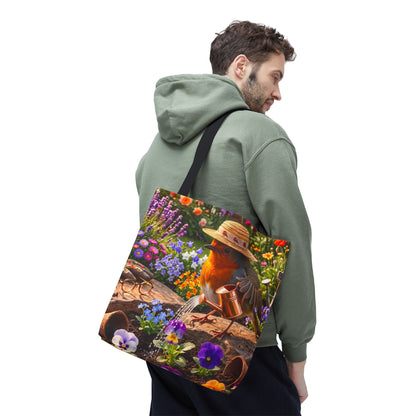 Niedliche Rotkehlchen Stofftasche beim Blumen gießen | Gemütlicher Garten-Shopper