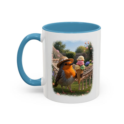 Keramiktasse Rosi Rotkehlchen und das Riesen-Eis im Garten – Kaffeebecher mit farbigem Henkel (330 ml)