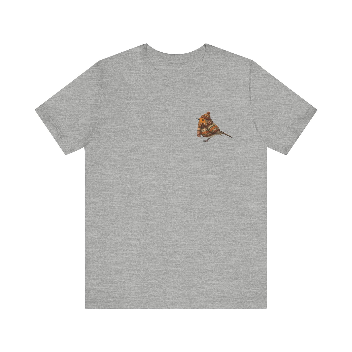Rotkehlchen in Strick T-Shirt – Weiches Premium Shirt mit Winterlichem Vogelmotiv für Vogelbeobachter