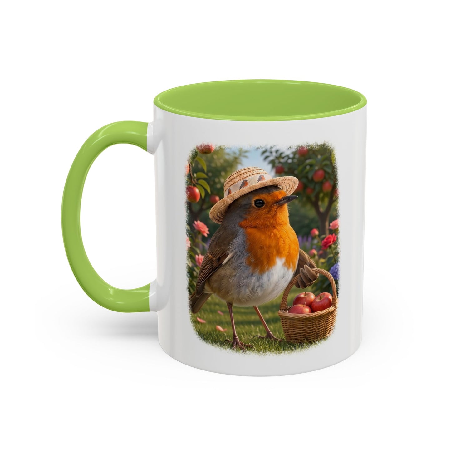 Rosi Rotkehlchen bei der Apfelernte Keramiktasse – Kaffeebecher mit farbigem Henkel
