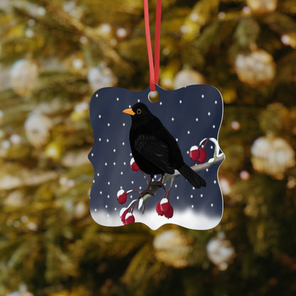 Amsel auf einem Ast Ornament aus Aluminium – Einzigartiger Christbaumschmuck mit Rotem Band