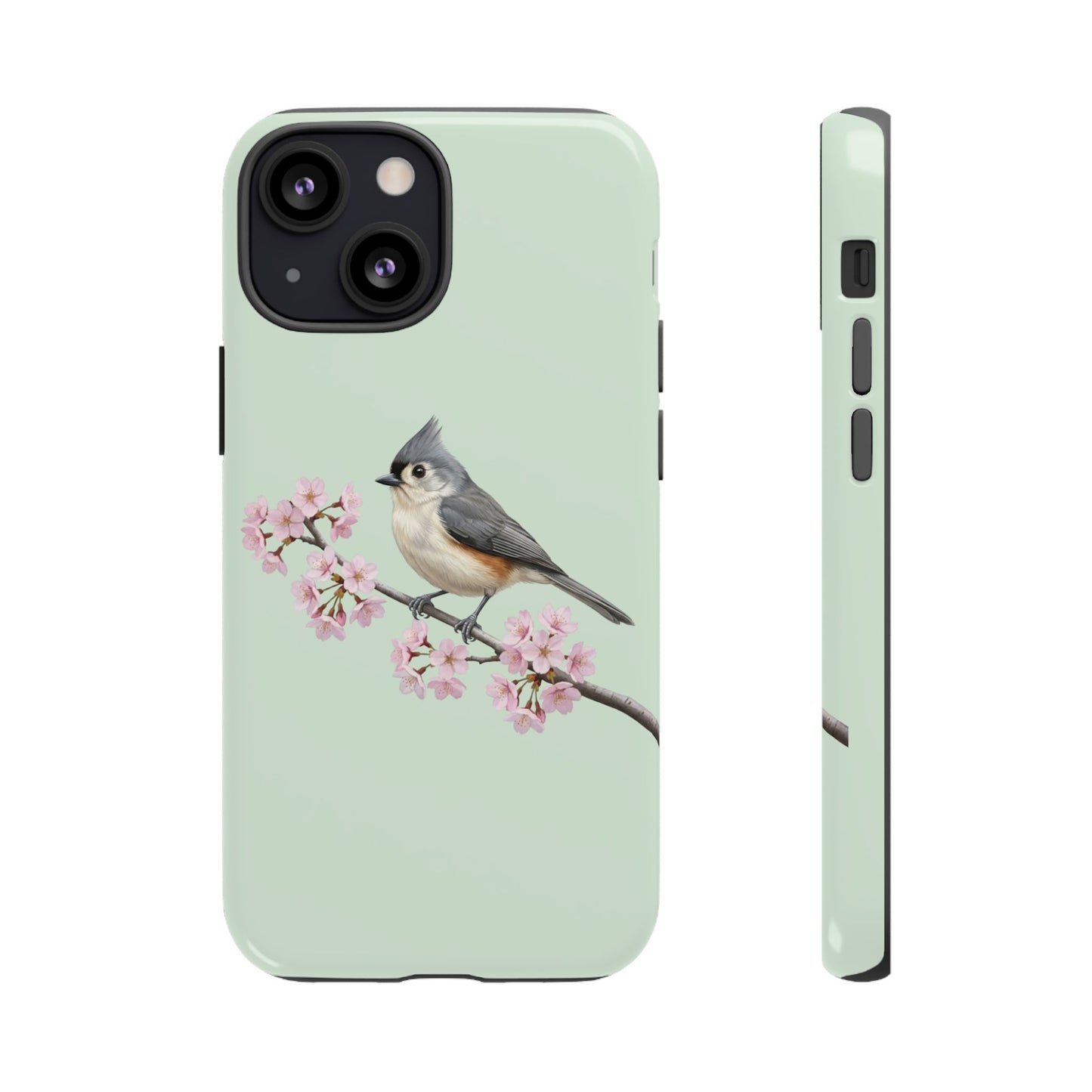 Grauhäubchenmeise Handyhülle in Salbeigrün | Florales Kirschblüten Vogel-Motiv für iPhone & Google Pixel