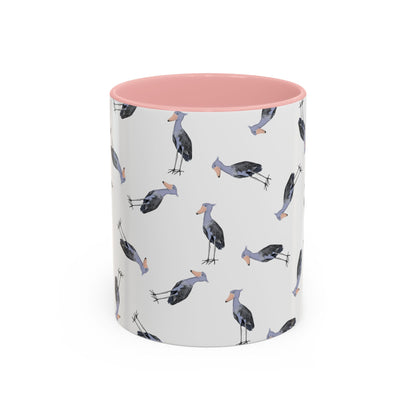 Schuhschnabel Tasse mit Streumuster | Vogelmotiv Kaffeebecher für Vogelbeobachter & Naturfreunde on Accent Coffee Mug background