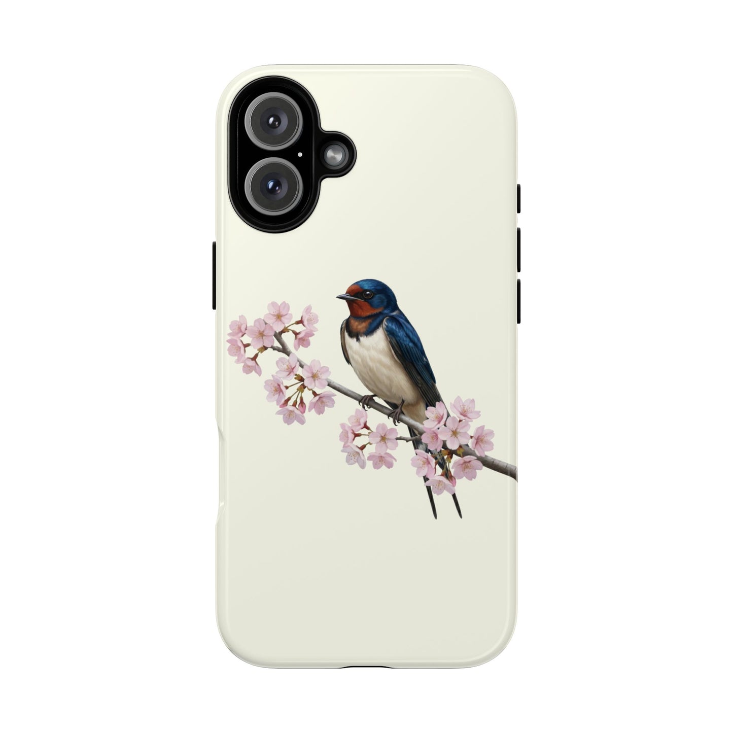 Rauchschwalbe Handyhülle in Cremeweiß | Florales Kirschblüten Vogel-Motiv für iPhone & Google Pixel