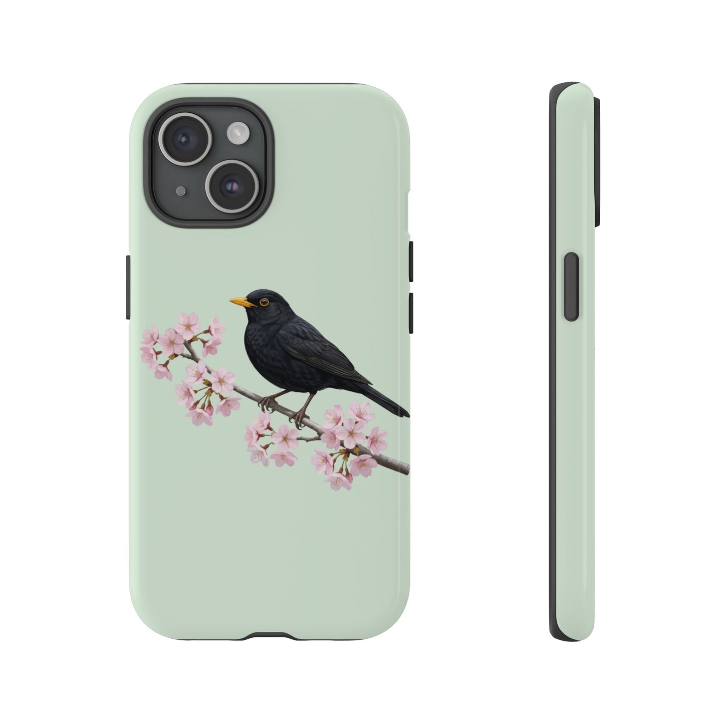 Amsel Handyhülle in Salbeigrün | Florales Kirschblüten Vogel-Motiv für iPhone & Google Pixel