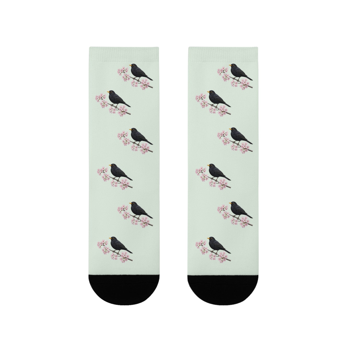 Amsel & Kirschblüten Socken in Salbeigrün | Weiche Baumwollmix-Socken für Naturfreunde
