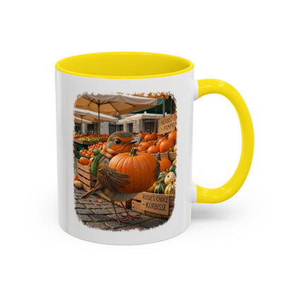 Premium Keramiktasse Rosi Rotkehlchen & der Riesen-Kürbis | 330 ml | Lustiges Geschenk für Vogelfreunde