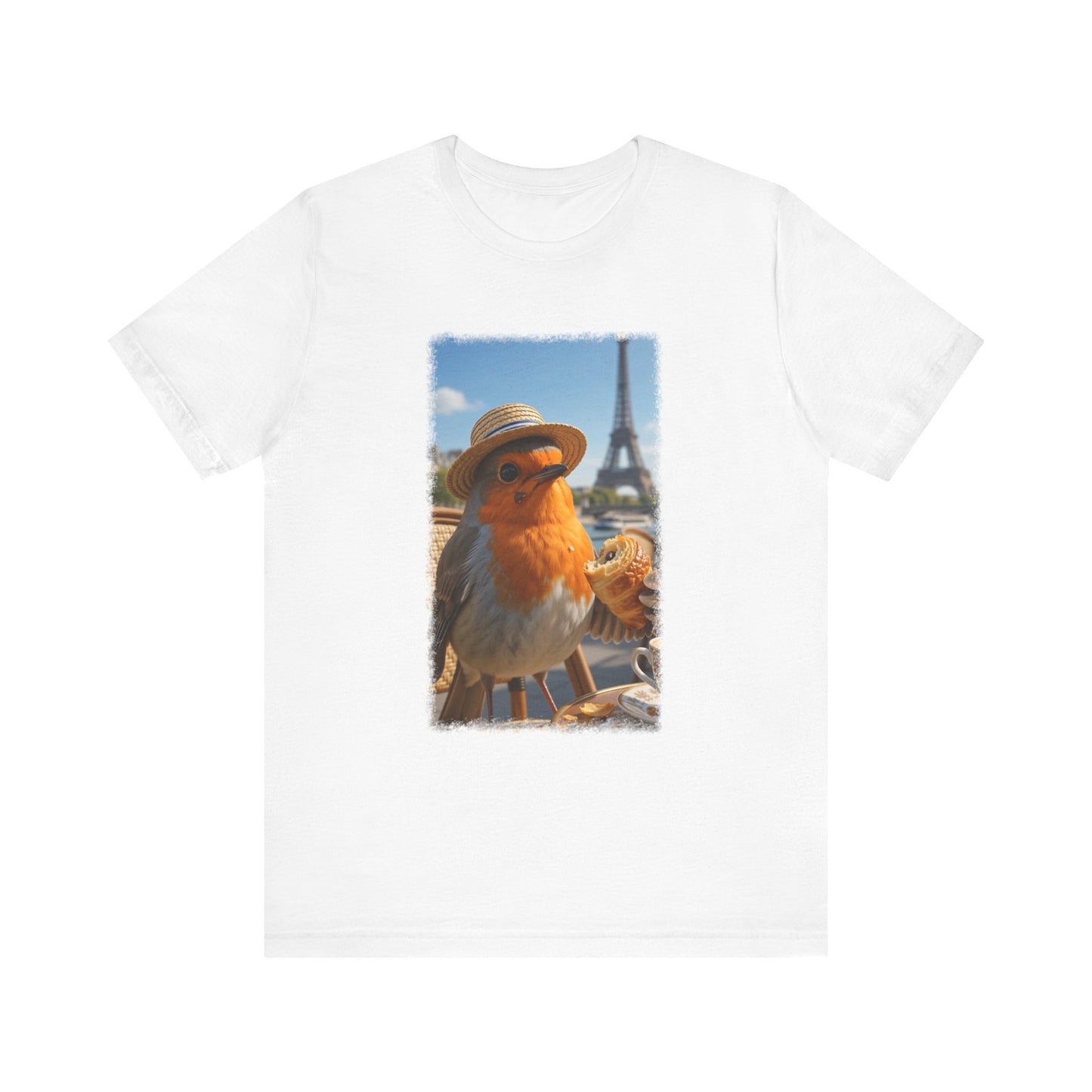 Rosi Rotkehlchen im Paris Bistro T-Shirt – Bequemes Premium Shirt für Vogelfreunde