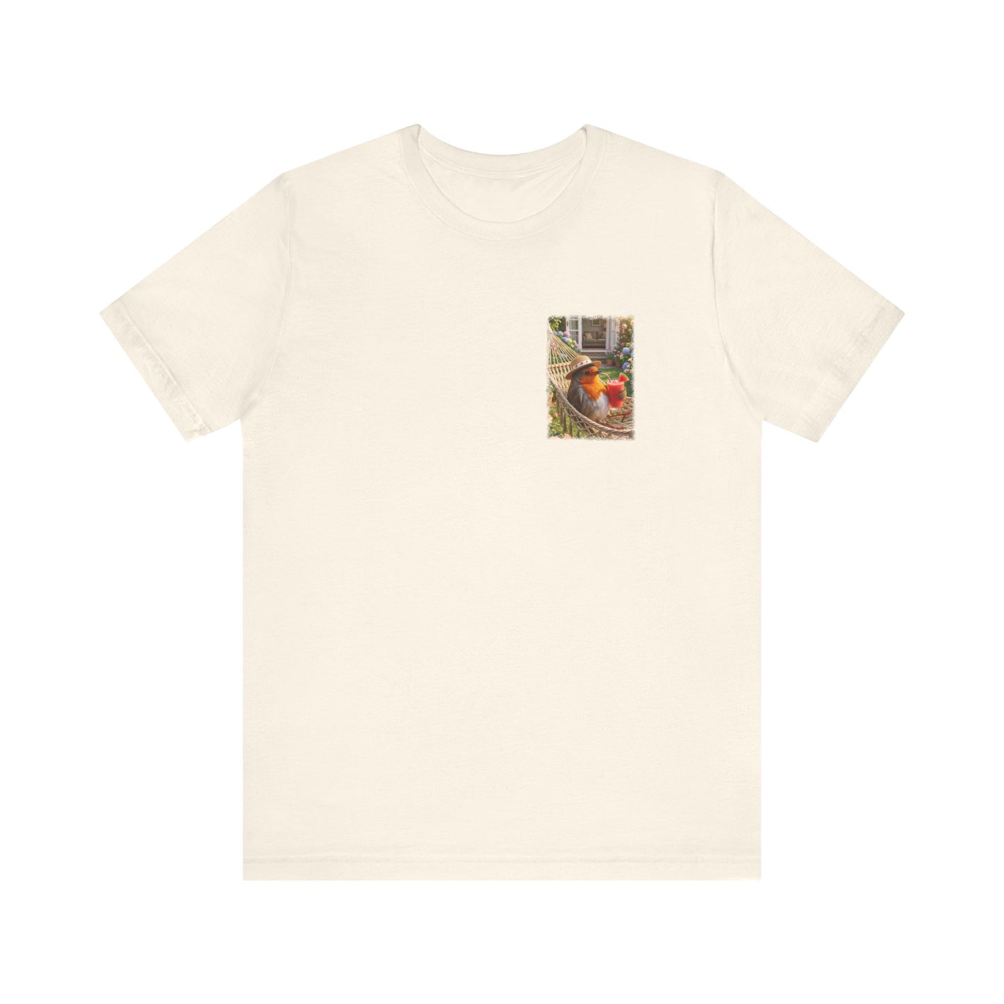 Rosi Rotkehlchen T-Shirt in der Hängematte für Vogelbeobachter und Gartenfreunde