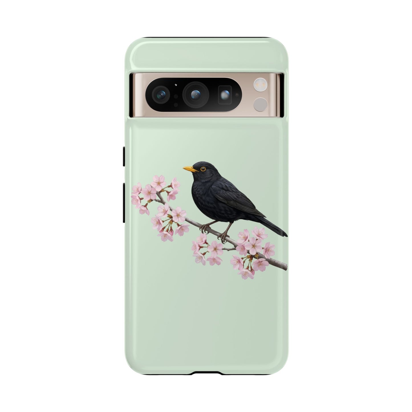 Amsel Handyhülle in Salbeigrün | Florales Kirschblüten Vogel-Motiv für iPhone & Google Pixel