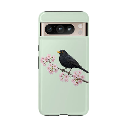 Amsel Handyhülle in Salbeigrün | Florales Kirschblüten Vogel-Motiv für iPhone & Google Pixel
