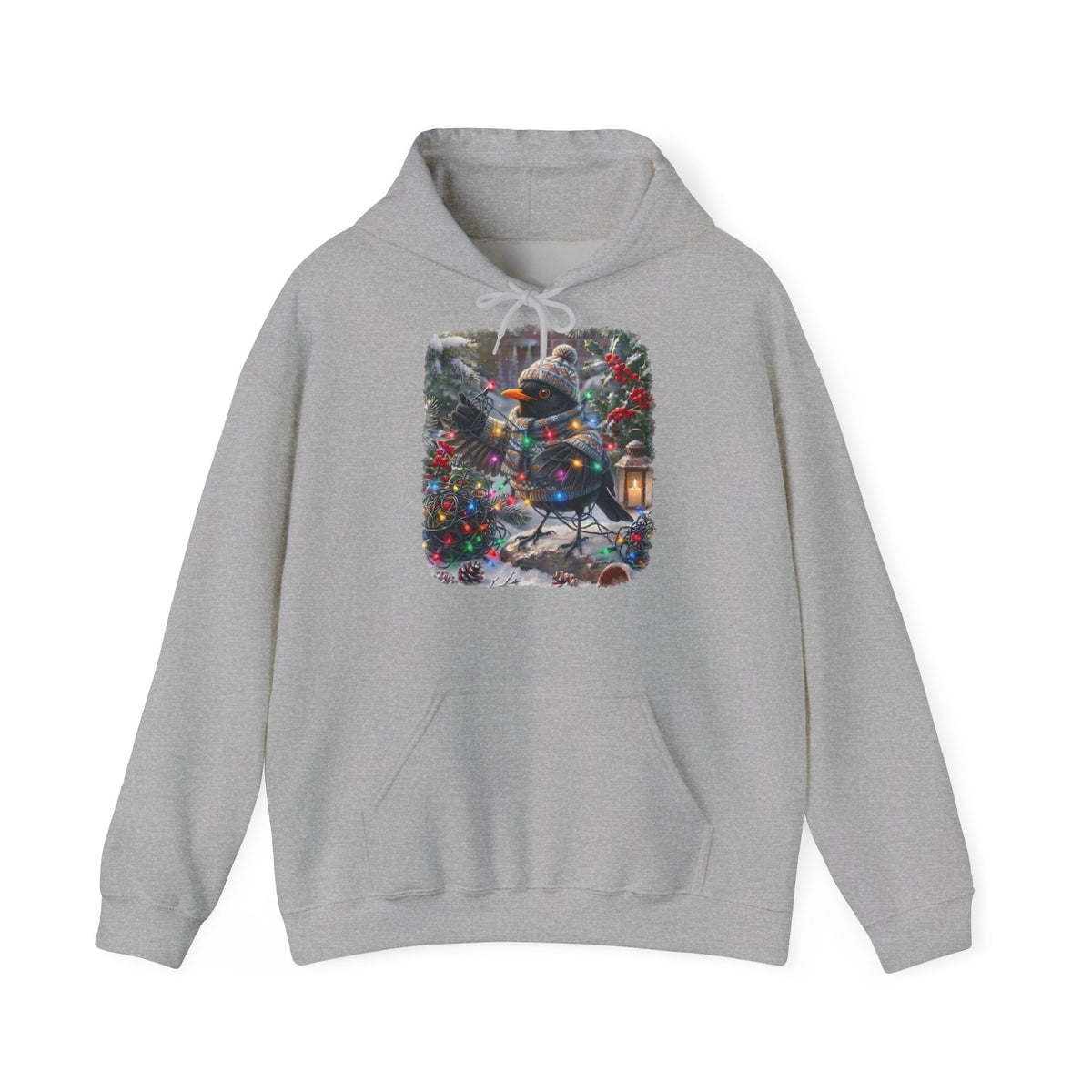 Premium Hoodie Amsel und die Lichterkette im winterlichen Garten für Vogelbeoachter