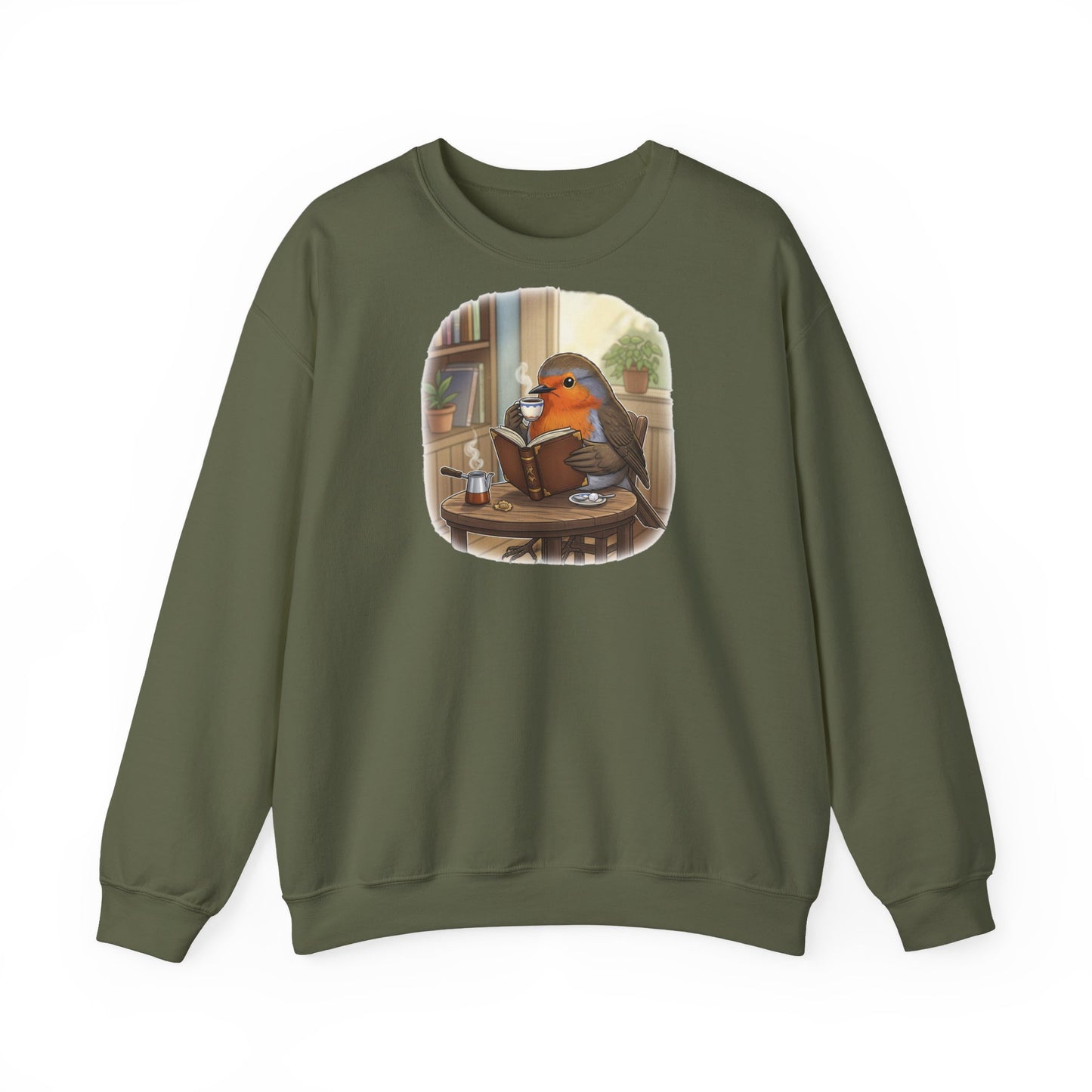 Rotkehlchen liest Bücher und trinkt Kaffee Vogel Sweatshirt für Vogelbeobachter