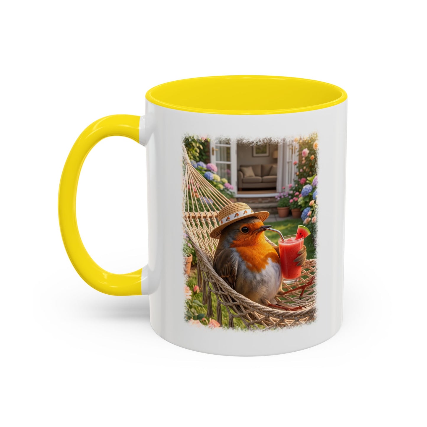 Tasse mit Rotkehlchen Motiv Rosi in der Hängematte für Vogelfreunde
