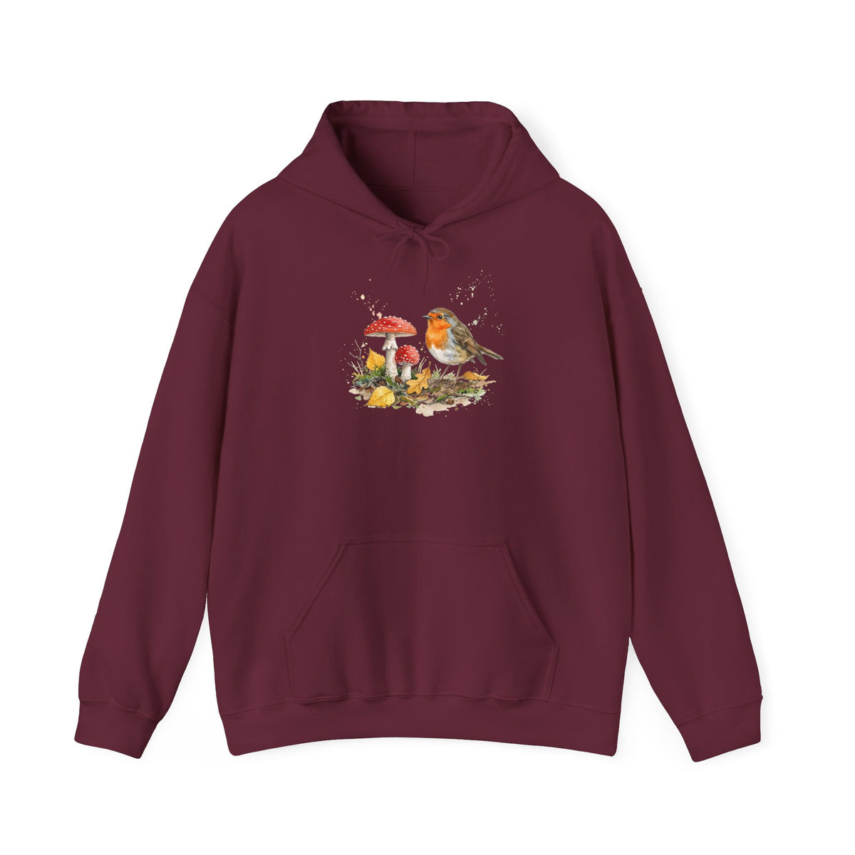 Rotkehlchen Herbst-Hoodie – Kuscheliger Kapuzenpullover mit Laub & Fliegenpilzen