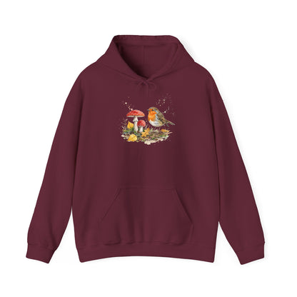 Rotkehlchen Herbst-Hoodie – Kuscheliger Kapuzenpullover mit Laub & Fliegenpilzen