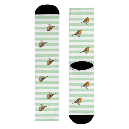 Rotkehlchen Socken – mit Streifen in Salbeigrün Weiß – Geschenk für Vogelliebhaber & Ornithologen