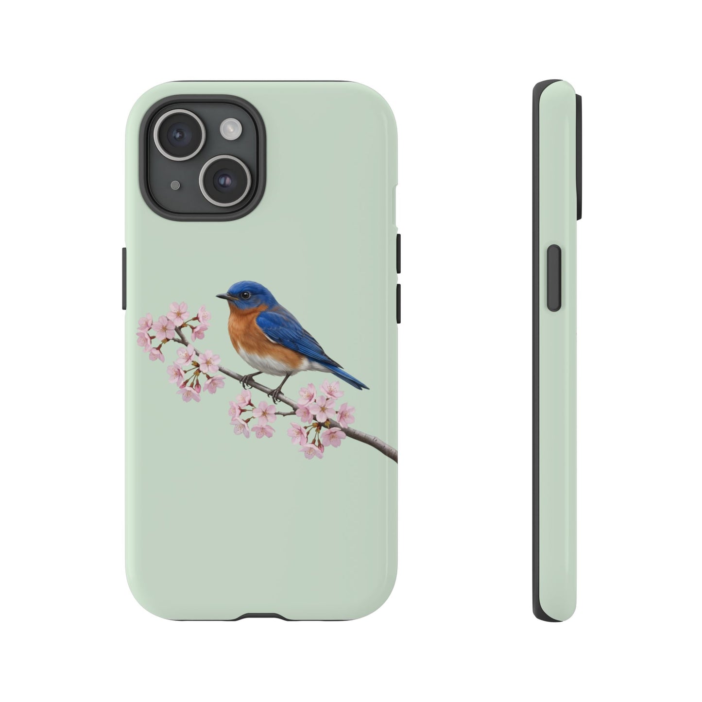 Rotkehl-Hüttensänger Handyhülle in Salbeigrün | Florales Kirschblüten Vogel-Motiv für iPhone & Google Pixel