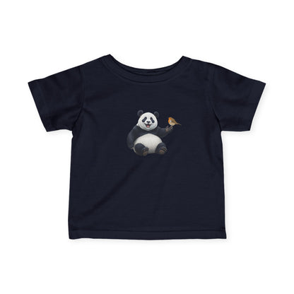 Fröhlicher Panda mit Rotkehlchen Vogel Tiermotiv T-Shirt für Babys und Kleinkinder
