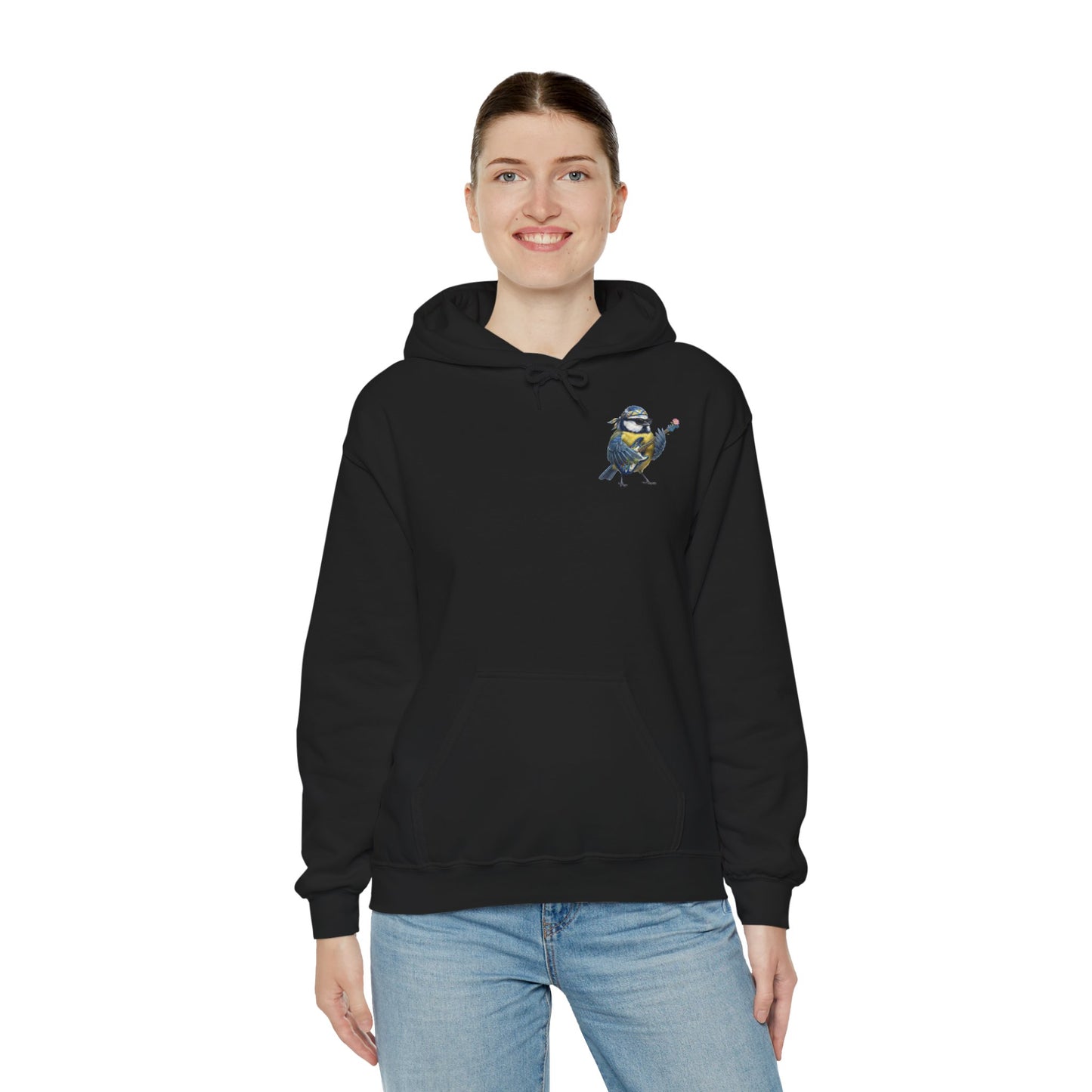 Bert Blaumeise mit Blumen-Gitarre – Premium Band-Hoodie | Die Gartenvögel