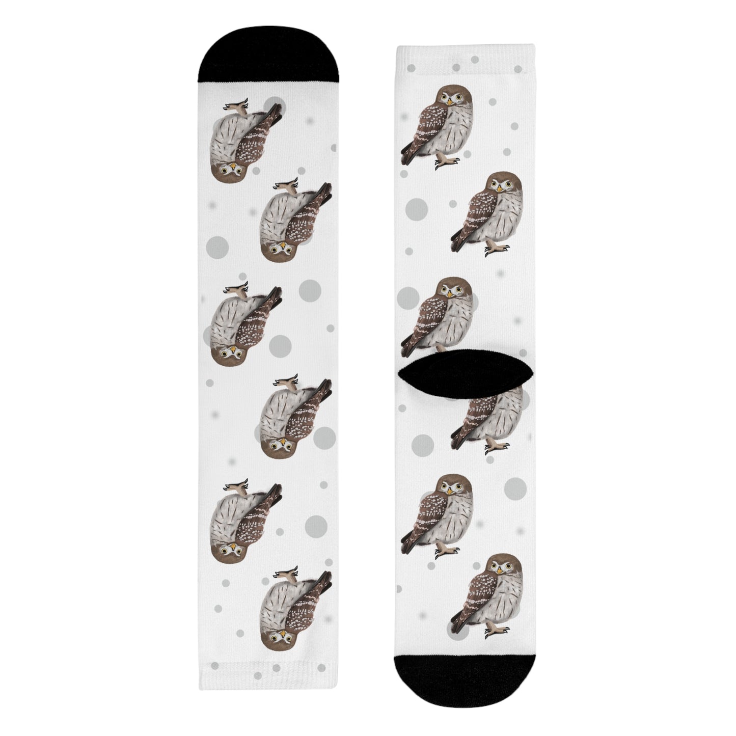 Eulen Socken Vogelsocken Weiß mit Grauen Punkten