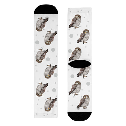 Eulen Socken Vogelsocken Weiß mit Grauen Punkten