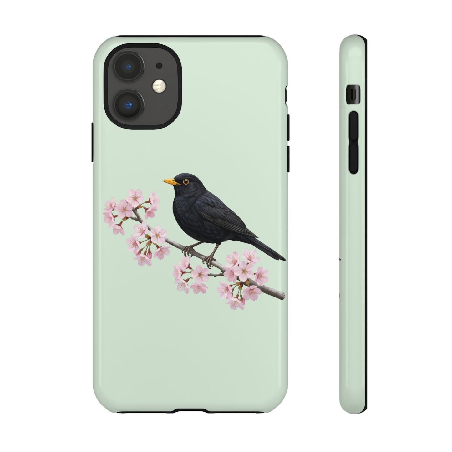 Amsel Handyhülle – in Salbeigrün | Florales Kirschblüten Vogel-Motiv für iPhone & Google Pixel