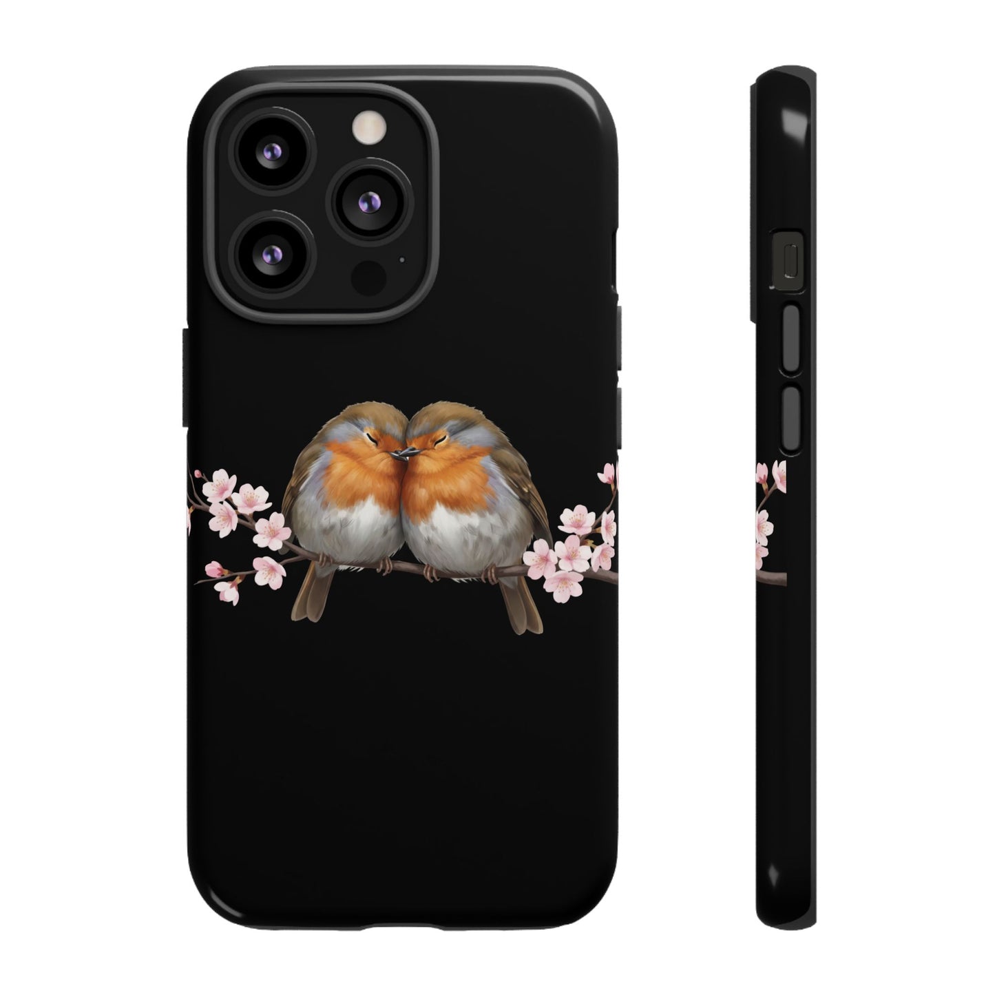 Rotkehlchen mit Kirschblüten Premium Handyhülle – Doppelt Geschützt & Rundum Bedruckt Schwarz