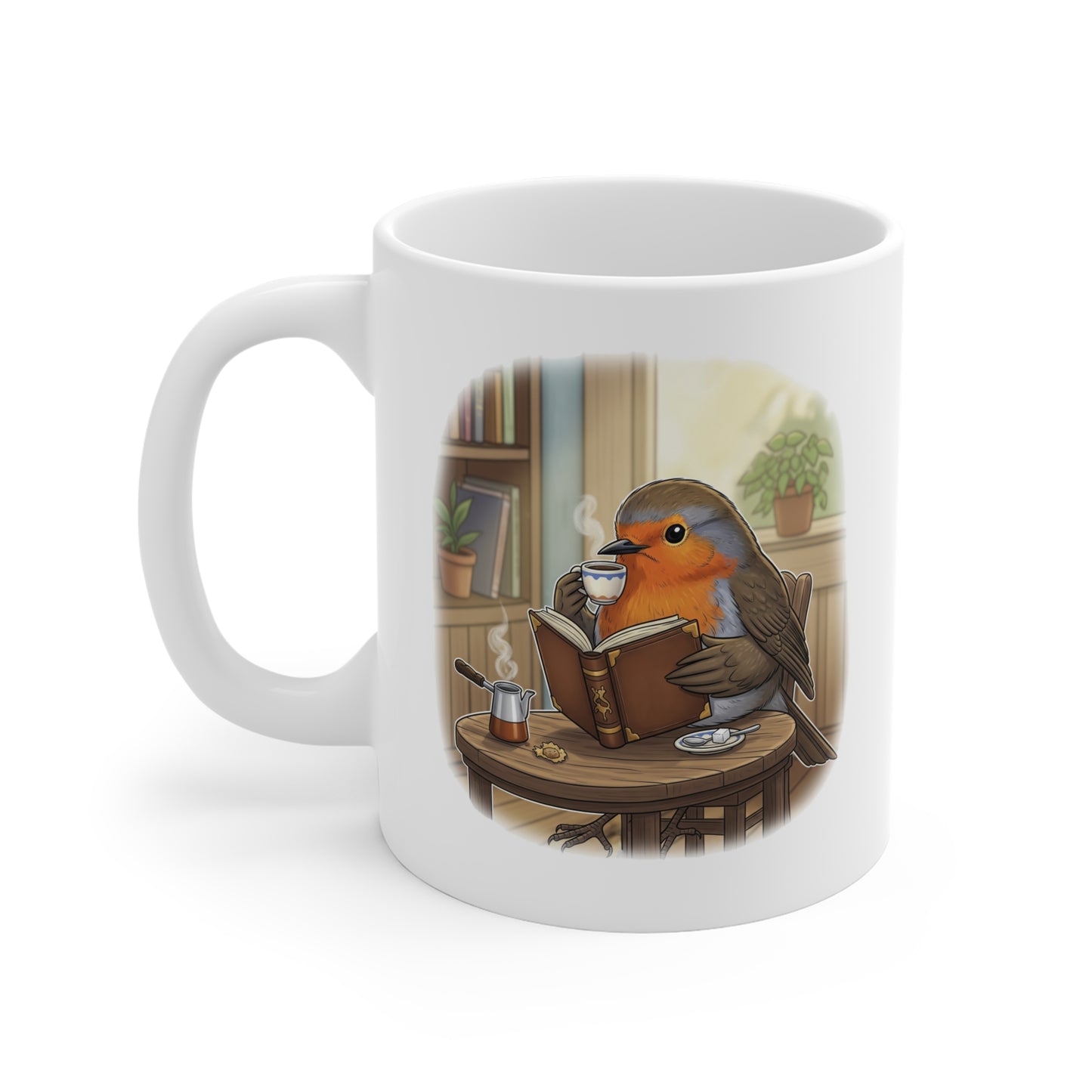 Rotkehlchen liest Bücher und trinkt Kaffee Vogel Tasse Weiß für Vogelbeobachter
