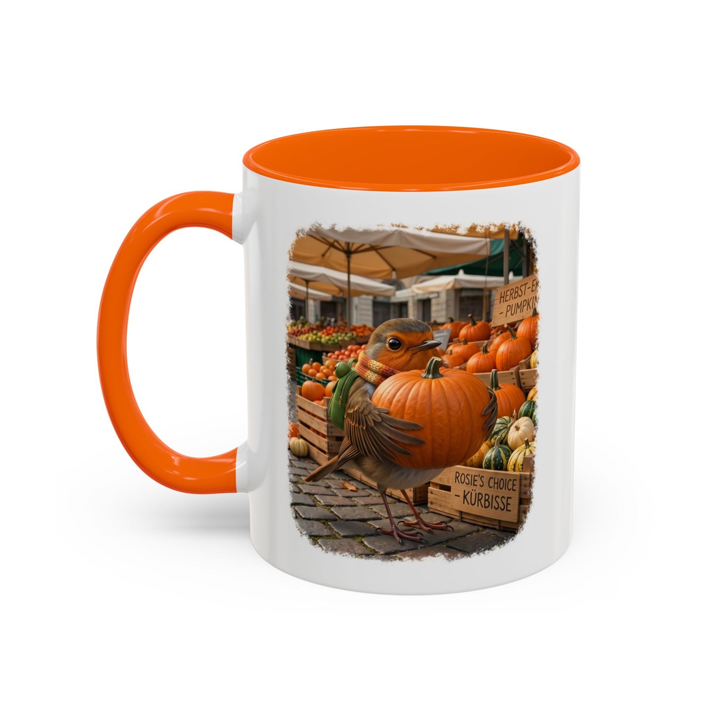 Premium Keramiktasse Rosi Rotkehlchen & der Riesen-Kürbis | 330 ml | Lustiges Geschenk für Vogelfreunde