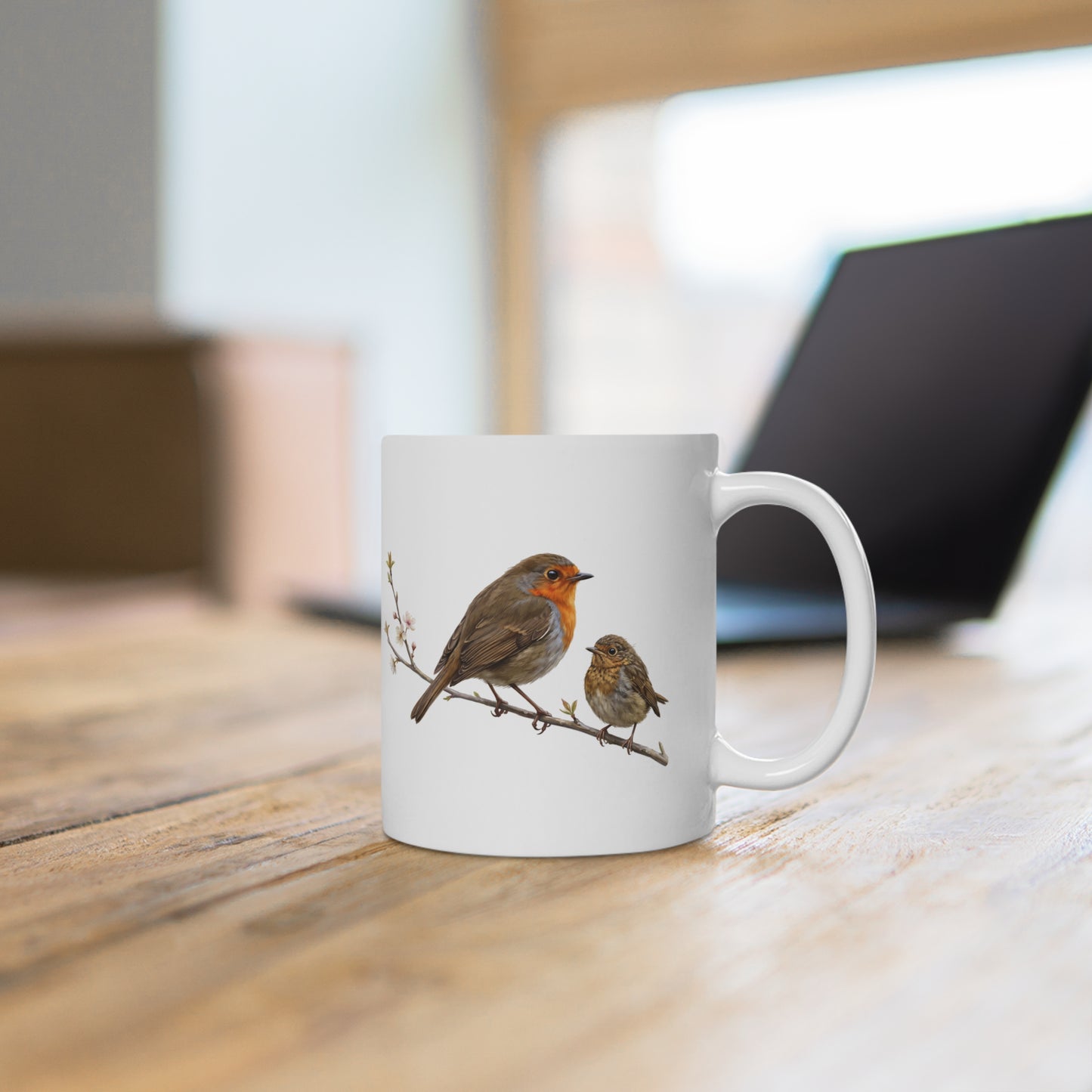 Rotkehlchen mit Ästling Premium Keramiktasse | Geschenk für Vogelbeobachter
