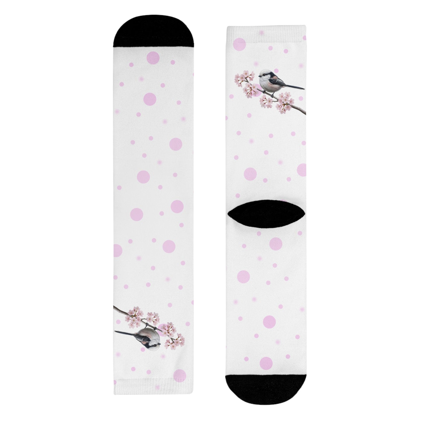Schwanzmeise Socken – mit Kirschblüten | Weiß Rosa gepunktete Vogelmotiv Strümpfe