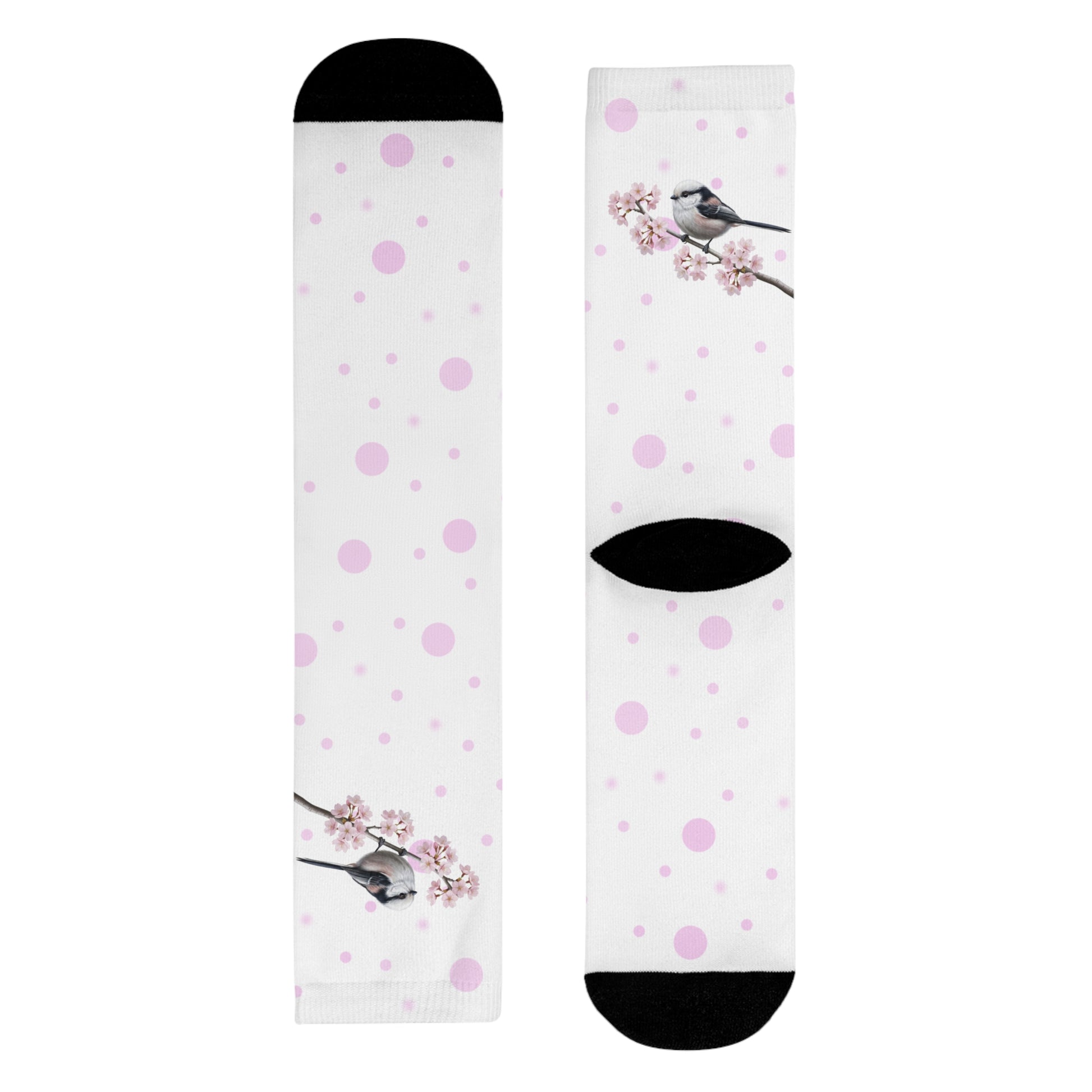 Schwanzmeise Socken – mit Kirschblüten | Weiß Rosa gepunktete Vogelmotiv Strümpfe